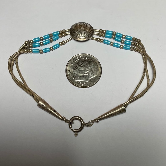 Vintage Sterling Silver Rising Sun Bracelet with Turquoise Beads. 7.25” long - Picture 2 of 6